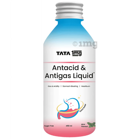Tata 1mg Antacid and Anti-Gas Liquid in 200ml bottle, fast relief for heartburn and gas, by Pasteur Pharmacy.