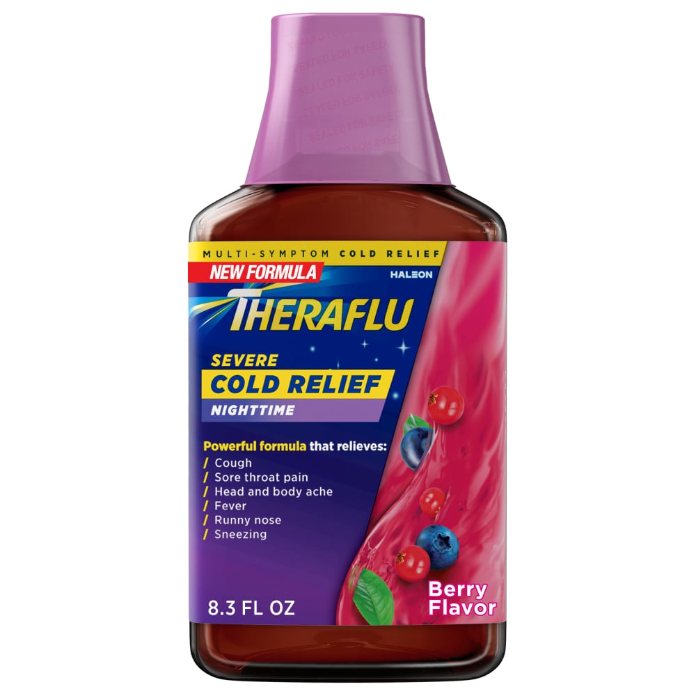 Theraflu Cold Relief Severe Nighttime Berry Flavor medicine bottle from Pasteur Pharmacy, 8.3 fl oz, with label and product cap visible.