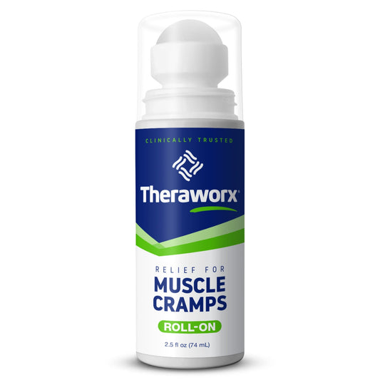 Theraworx Muscle Cramp Relief roll-on from Pasteur Pharmacy, easy-to-apply medicine for muscle cramp relief.
