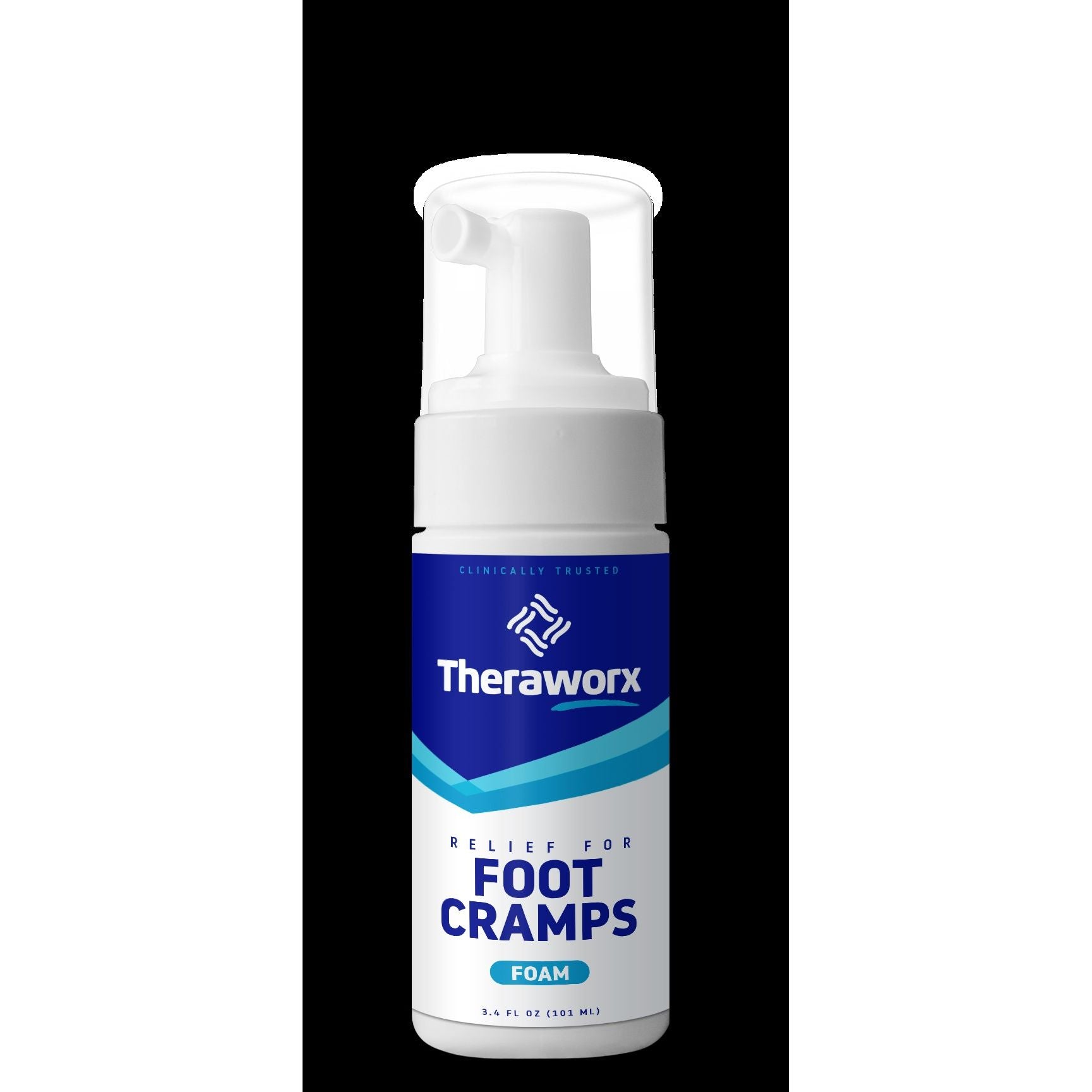 Theraworx Relief fast-acting muscle cramp and spasm foam bottle with label from Pasteur Pharmacy, medicine and drug product.
