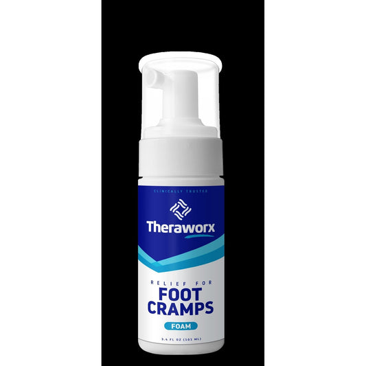 Theraworx Relief fast-acting muscle cramp and spasm foam bottle with label from Pasteur Pharmacy, medicine and drug product.