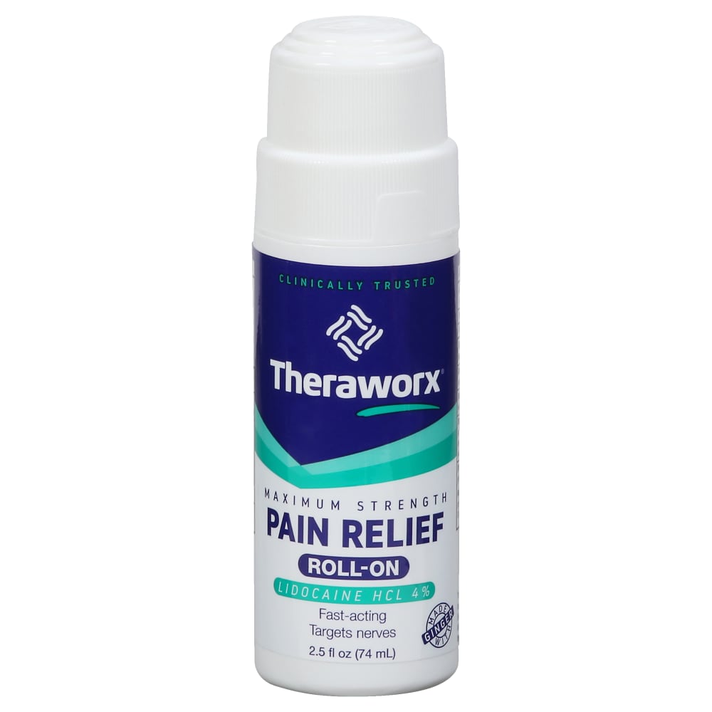 Theraworx Relief Maximum Strength roll-on medicine by Pasteur Pharmacy, 2.5 fl oz bottle for muscle relief and discomfort.