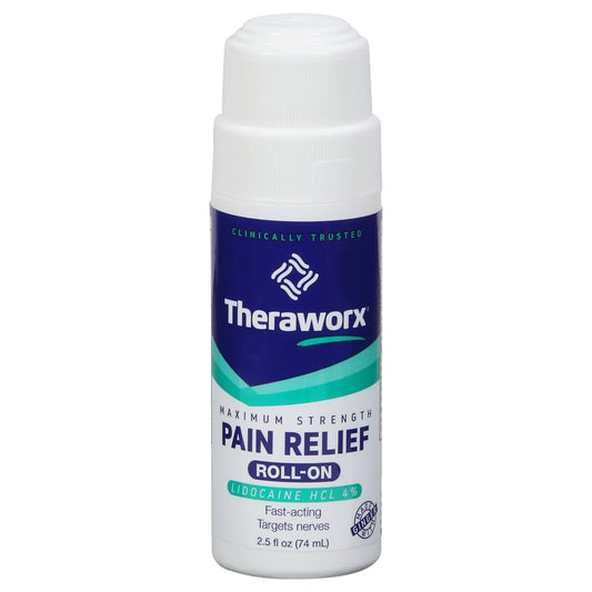Theraworx Relief Maximum Strength roll-on medicine by Pasteur Pharmacy, 2.5 fl oz bottle for muscle relief and discomfort.