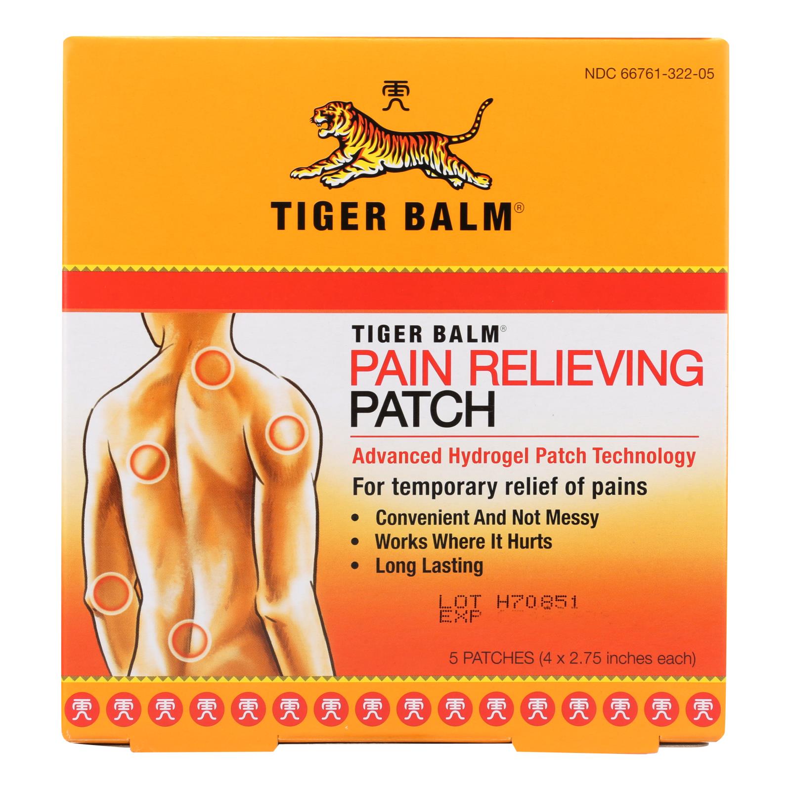 Tiger Balm Pain Relieving Patch by Pasteur Pharmacy, showing five adhesive patches designed for muscle relief.