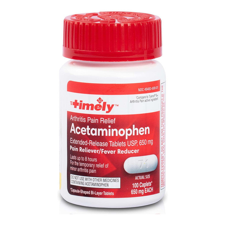 Time-Cap Labs Timely Acetaminophen 650 mg medicine in a bottle with 100 caplets, suitable for pain relief and fever reduction.