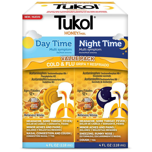 Tukol® Cold & Flu Relief Pack by Pasteur Pharmacy, includes day and night medicines in 2 bottles of 4 fl oz each.