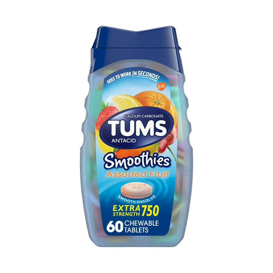 Assorted fruit Tums Smoothies Extra Strength chewable tablets in a bottle, designed for fast stomach relief, 60 count.