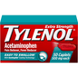Tylenol Acetaminophen medicine in a bottle with 50 caplets, used for pain relief and fever reduction, by Pasteur Pharmacy.