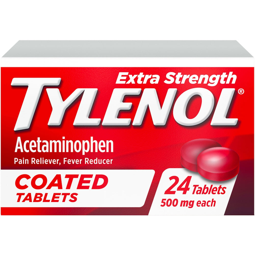 Tylenol Extra Strength coated tablets with 500mg acetaminophen, easy to swallow medicine, 24-count package from Pasteur Pharmacy.