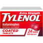 Tylenol Extra Strength coated tablets with 500mg acetaminophen, easy to swallow medicine, 24-count package from Pasteur Pharmacy.