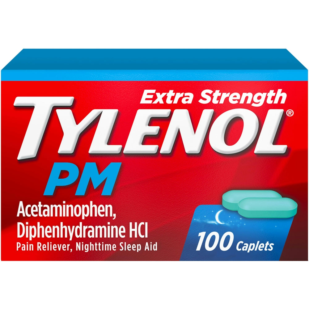 Tylenol PM Extra Strength nighttime pain reliever and sleep aid in a bottle of 100 caplets.