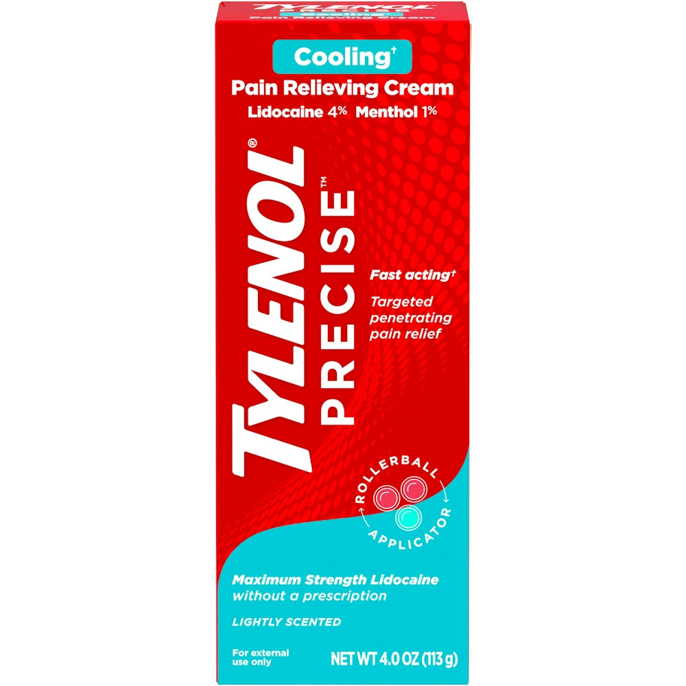Tylenol Precise Cooling Pain Relieving Cream with Lidocaine and Menthol, 4oz, by Pasteur Pharmacy, for soothing pain relief.