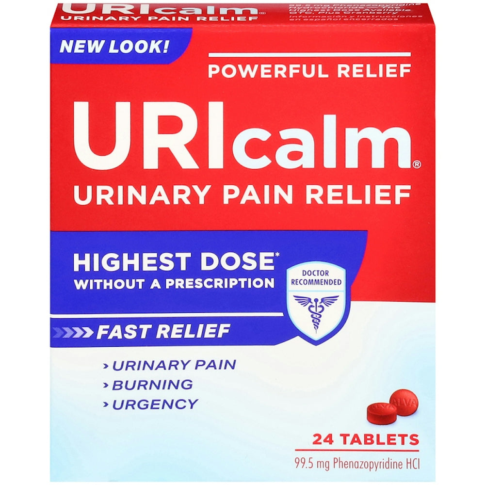 Uricalm Max Strength urinary pain relief tablets by Pasteur Pharmacy, 24 tablets of 99.5 mg Phenazopyridine HCl.