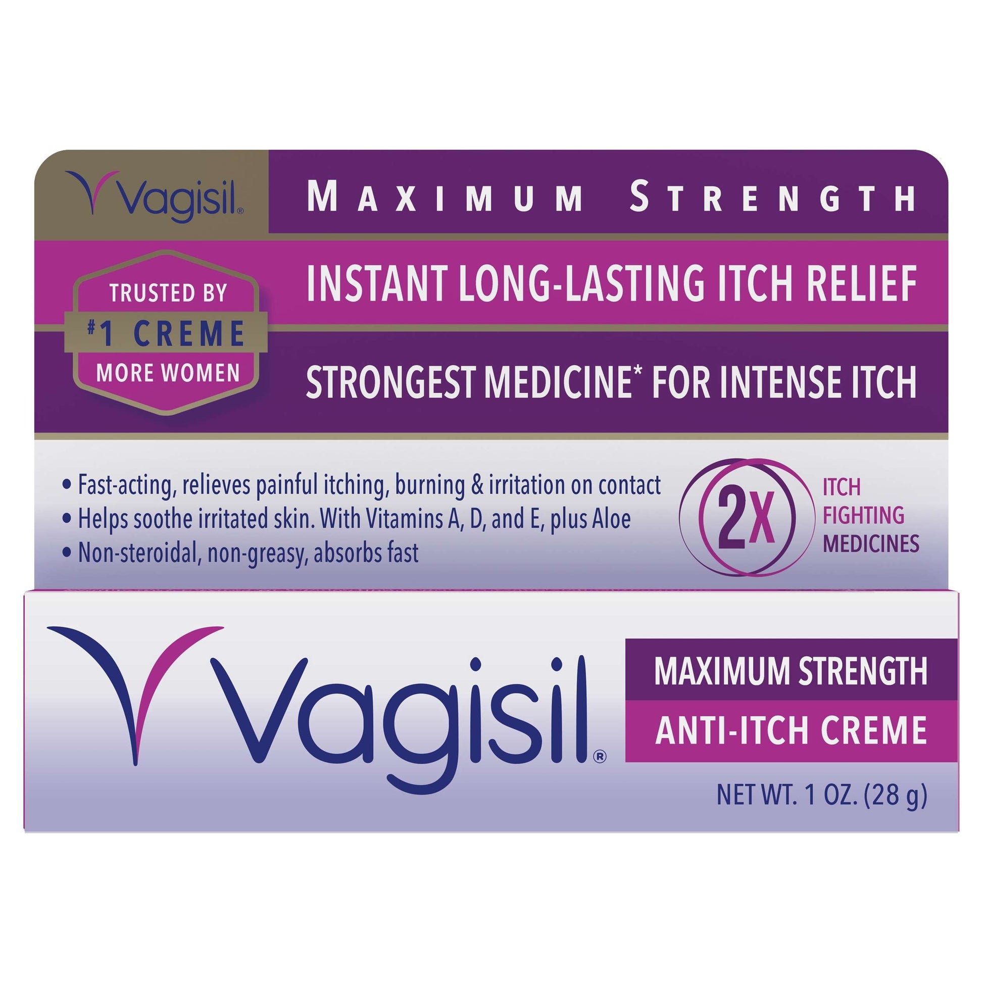 Vagisil Anti-Itch Creme in 1-ounce tube, maximum strength for soothing feminine itch relief, displayed on a neutral background.