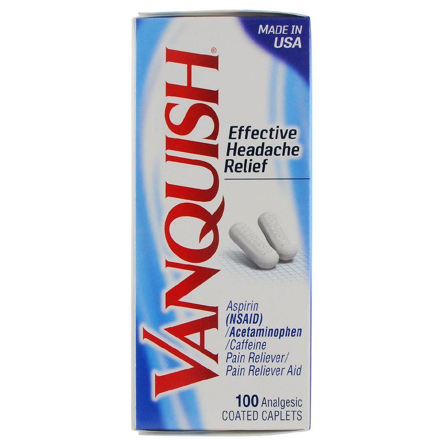 Vanquish headache relief caplets in a blister pack, over-the-counter medicine for headache pain relief.