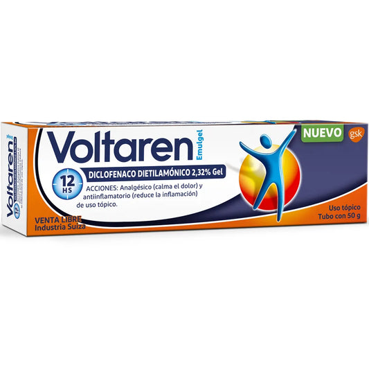 Voltaren Diclofenac Sodium Topical Gel in 50g tube, 12-pack, displayed in PDQ packaging for pain relief and anti-inflammatory use.