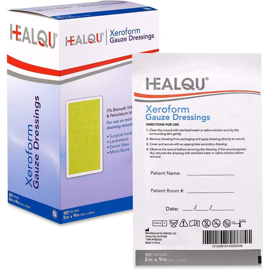 Xeroform 5 x 9-inch petrolatum gauze dressings by Pasteur Pharmacy, sterile wound dressing in a box of 50.