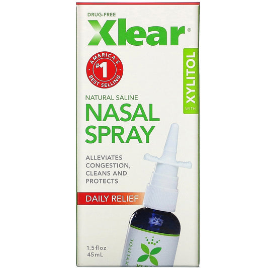 Xlear Daily Relief saline nasal spray with Xylitol in 1.5 fl oz bottle, designed for nasal hydration and allergy relief.