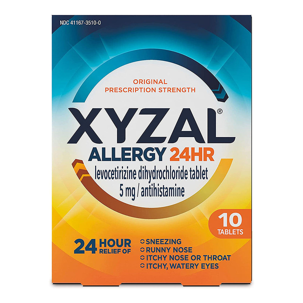 Xyzal 24 Hour Allergy Relief 5mg medicine by Pasteur Pharmacy, showing a bottle of 10 tablets for allergy relief.