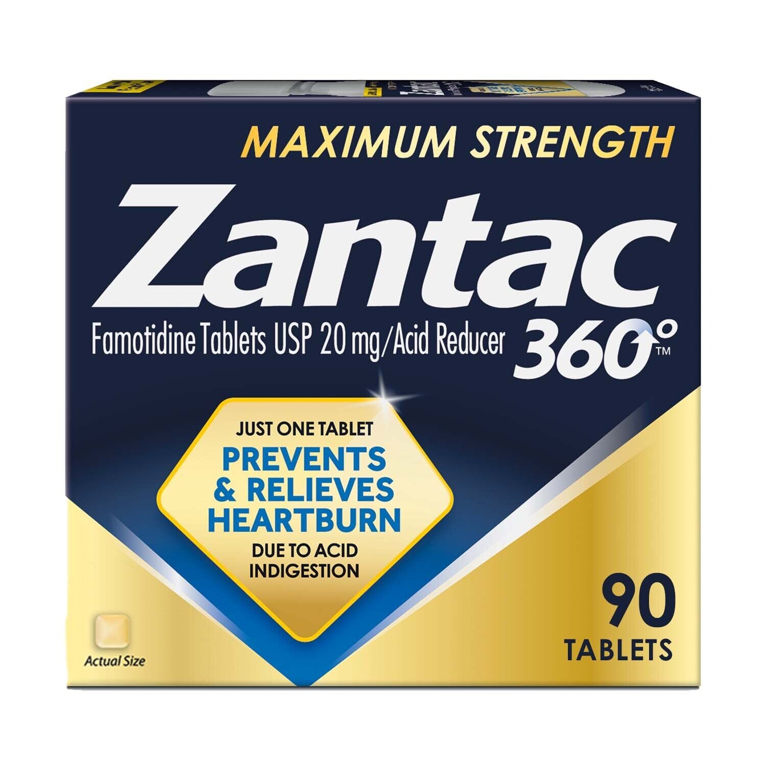 Zantac 360 Max Strength 20mg tablets for heartburn relief and prevention, 90-count bottle, by Pasteur Pharmacy.