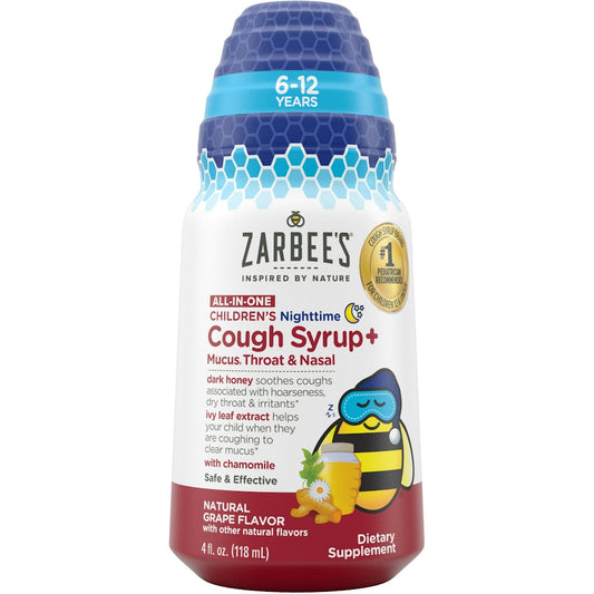 Zarbee's Kids Nighttime Cough Syrup with honey and turmeric in 4 oz bottle, soothing medicine for children