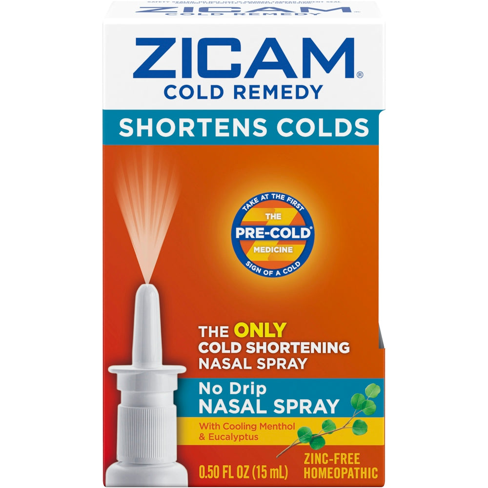 Zicam Cold Remedy No Drip Nasal Spray in 0.50 Fl Oz bottle, medicine and drug by Pasteur Pharmacy, with packaging and spray nozzle visible.