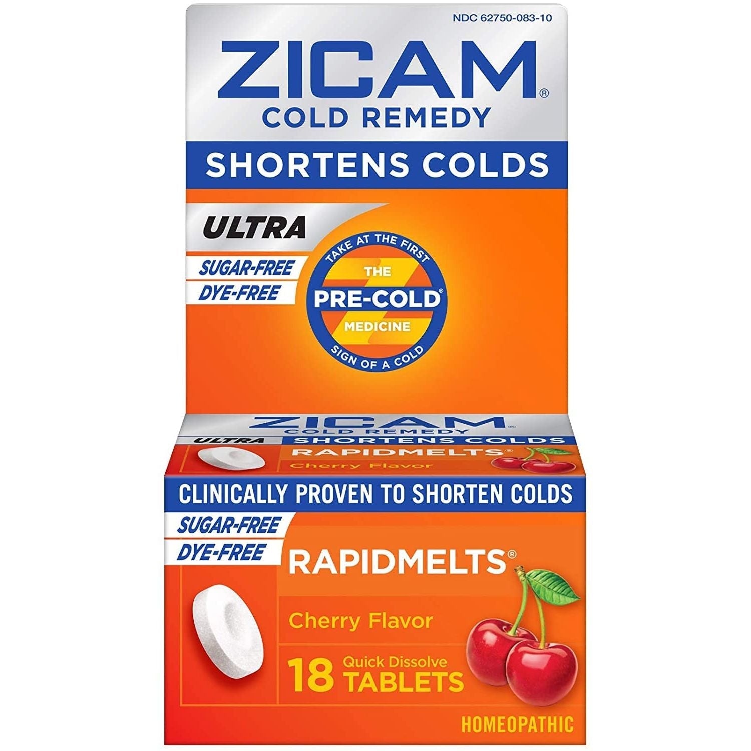 Zicam Cold Remedy Ultra RapidMelts sugar-free cherry flavor, 18 quick-dissolve tablets for cold relief from Pasteur Pharmacy.