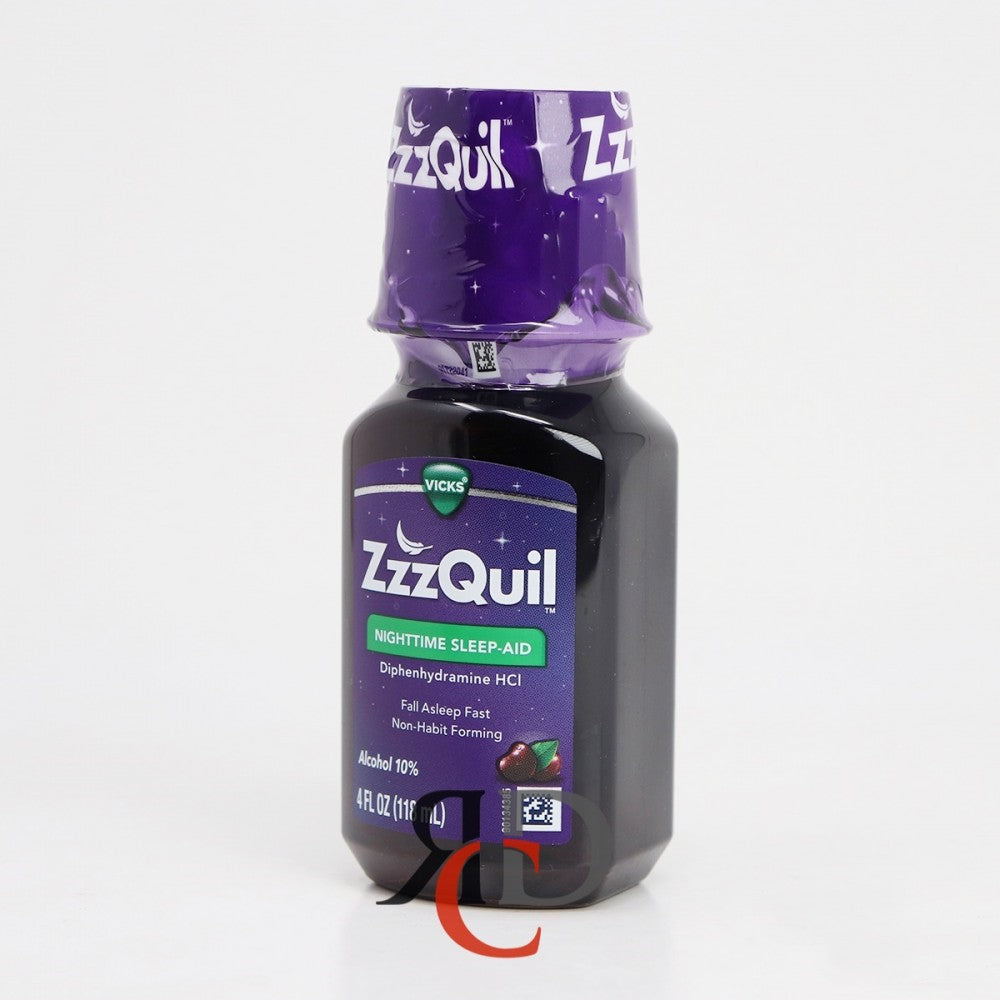 ZzzQuil Night Time Sleep Aid liquid in warm berry flavor, 4 oz bottle, used for temporary sleep support.