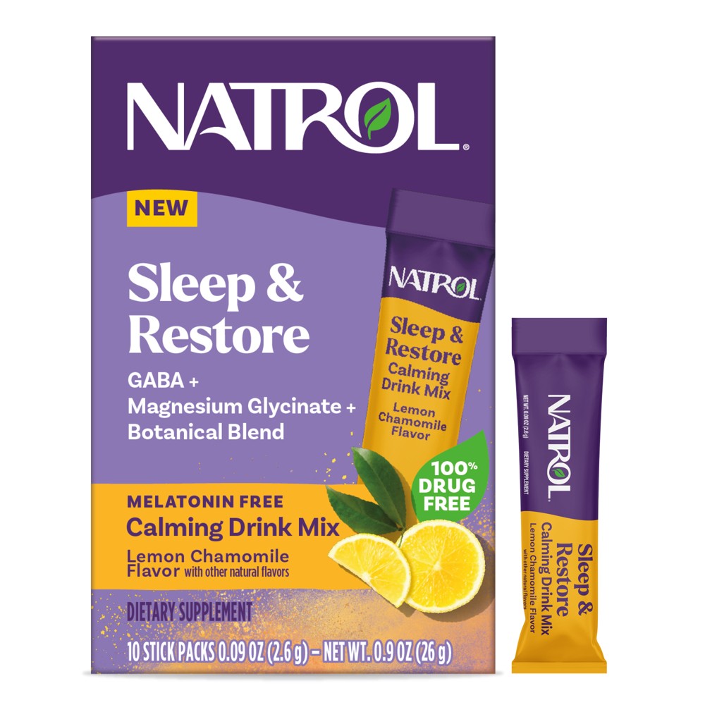 Natrol Non-Melatonin Sleep & Restore Lemon Chamomile powders in a 10-count box, featuring natural ingredients for restful sleep.