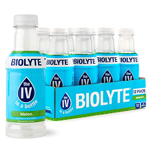 Biolyte electrolyte drink in melon flavor, 12-pack bottles, 16.9 fl oz each, with fresh melon images and vibrant design.