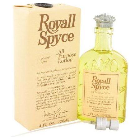 Royall Spyce for Men aftershave lotion cologne spray in a 4 oz bottle, featuring a sleek design and men's grooming essentials.