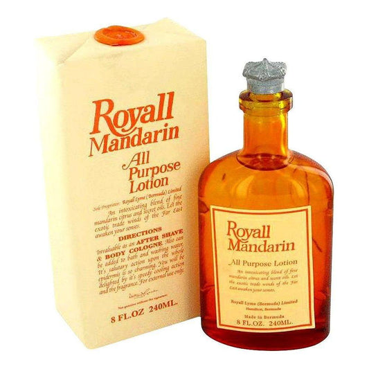 Men's all-purpose lotion bottle labeled Royall Mandarin of Bermuda for men, 8 oz, with a dark cap and clear label.
