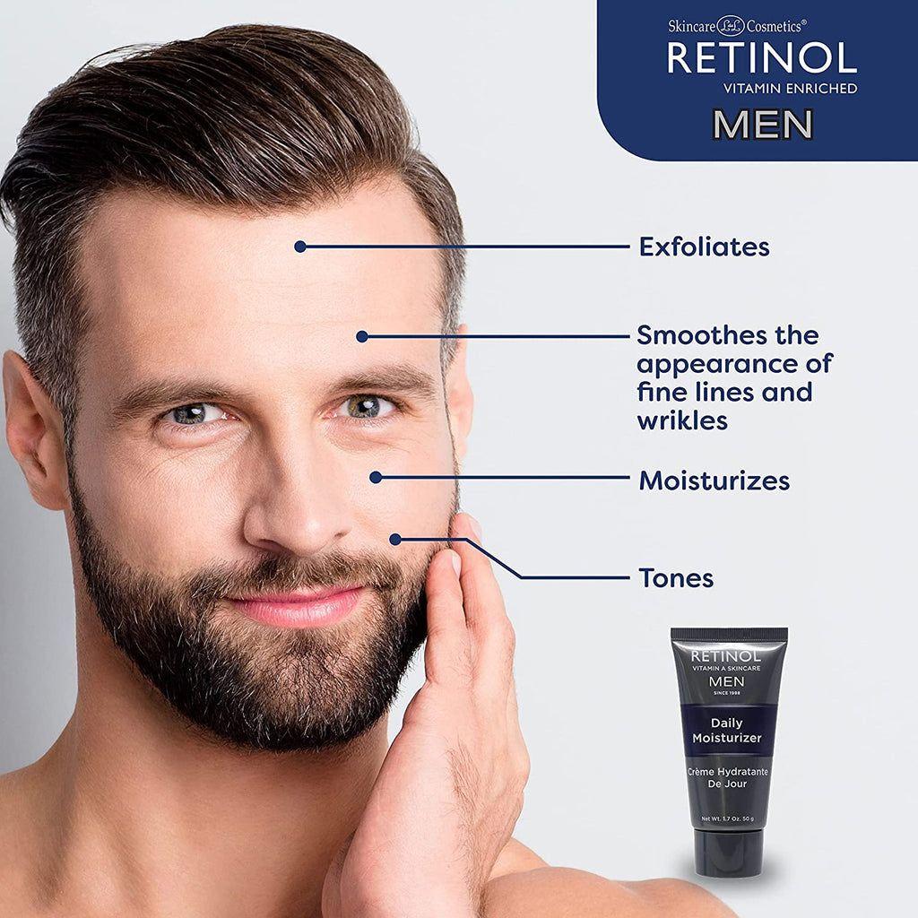 Men's daily moisturizer with retinol in a 50g tube, designed to hydrate and improve skin texture. Pasteur Pharmacy product.