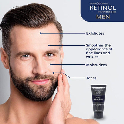 Men's daily moisturizer with retinol in a 50g tube, designed to hydrate and improve skin texture. Pasteur Pharmacy product.