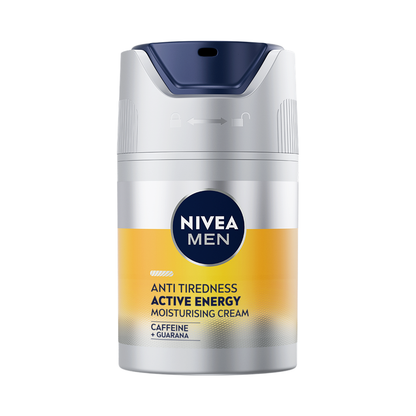 Nivea Men Active Energy Moisturizing Crème in 50ml jar, men's facial moisturizer with energizing and hydrating formula.