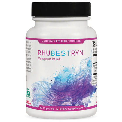 Rhubestryn Menopause Symptom Relief capsules by Pasteur Pharmacy, 30 capsules, shown in a blister pack with natural ingredients.