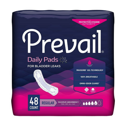 First Quality Prevail Daily Pads for bladder control, 11-inch menstrual pad with maximum protection, by Pasteur Pharmacy.