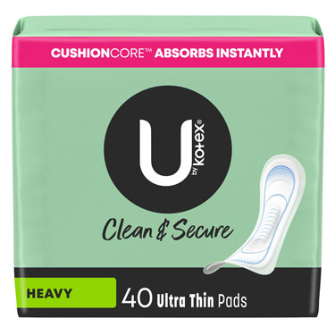 U By Kotex Ultra Thin menstrual pads, 6 packs of 40, shown in a white package with blue and pink branding.