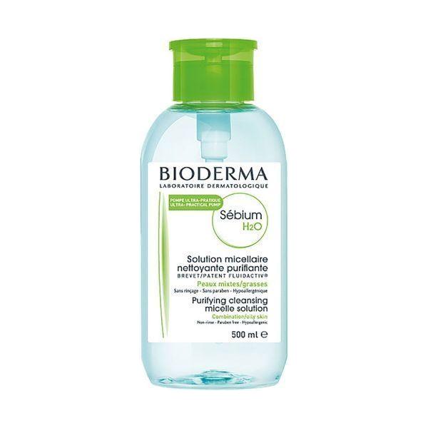 Bioderma Sebium H2O Micellar Water in a 500ml pump bottle for deep cleansing and gentle makeup removal.