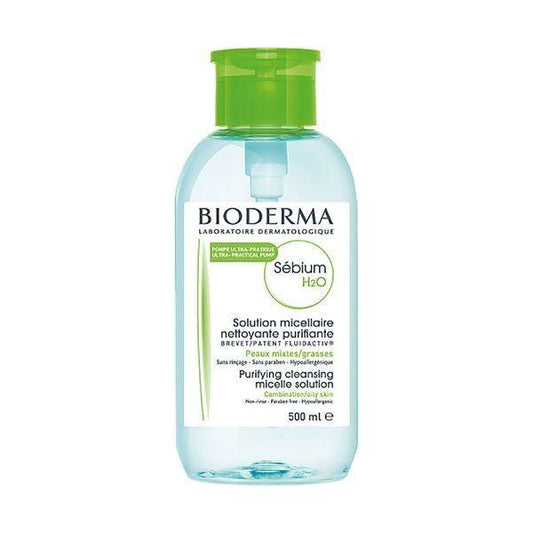 Bioderma Sebium H2O Micellar Water in a 500ml pump bottle for deep cleansing and gentle makeup removal.