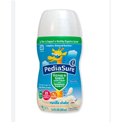 Bottle of Pediasure Vanilla with Fiber, 7.4 fl oz, a nutritional drink, shown in a clear bottle with vanilla flavor label.