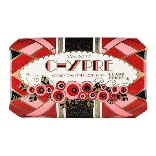 Mini soap by Claus Porto in Chypre Cedar Poinettia scent, featuring the Pasteur Pharmacy branding and 1.7 oz size.