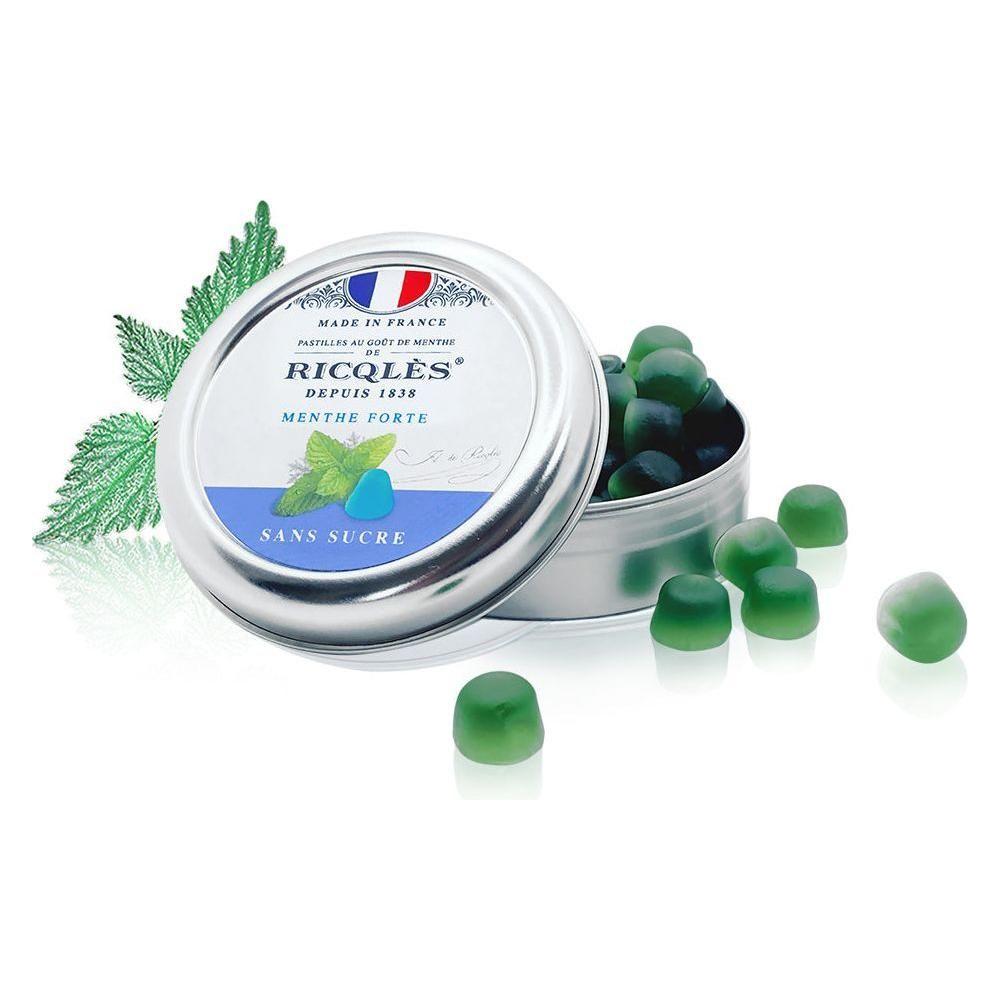 Ricqles Original Strong Mint Lozenges by Pasteur Pharmacy, 45g, featuring green and white packaging with mint lozenges inside.
