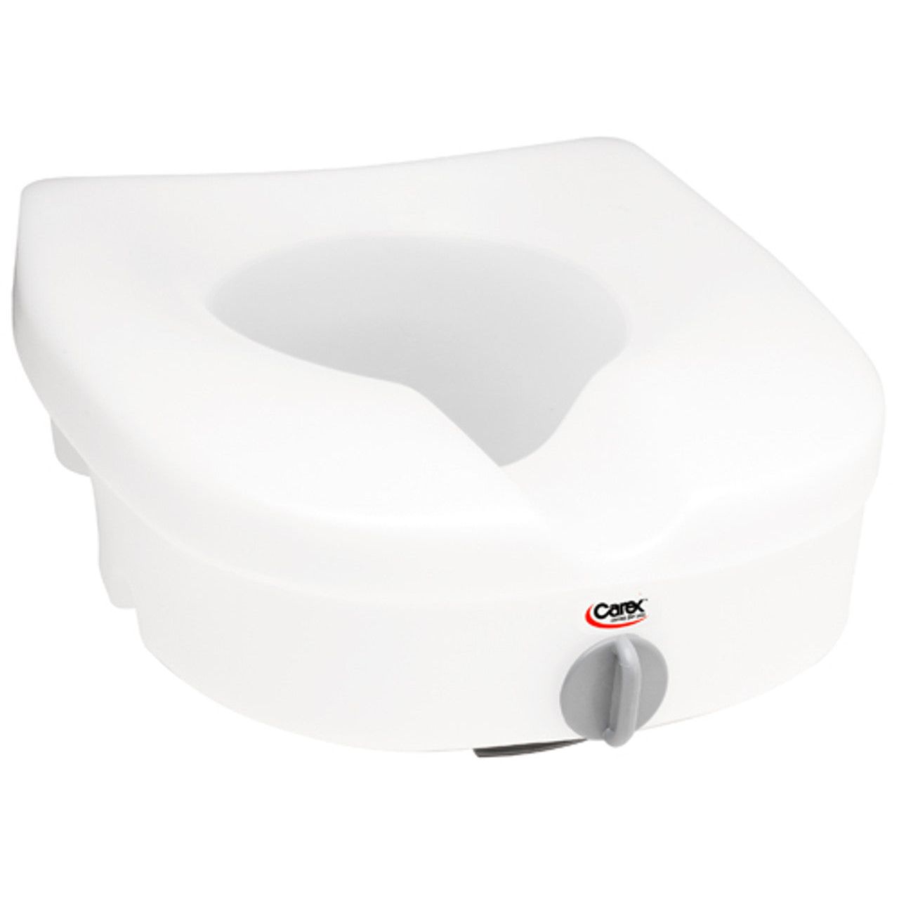 Carex E-Z Lock raised toilet seat without handles on white bathroom toilet for mobility and accessibility assistance.