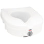 Carex E-Z Lock raised toilet seat without handles on white bathroom toilet for mobility and accessibility assistance.