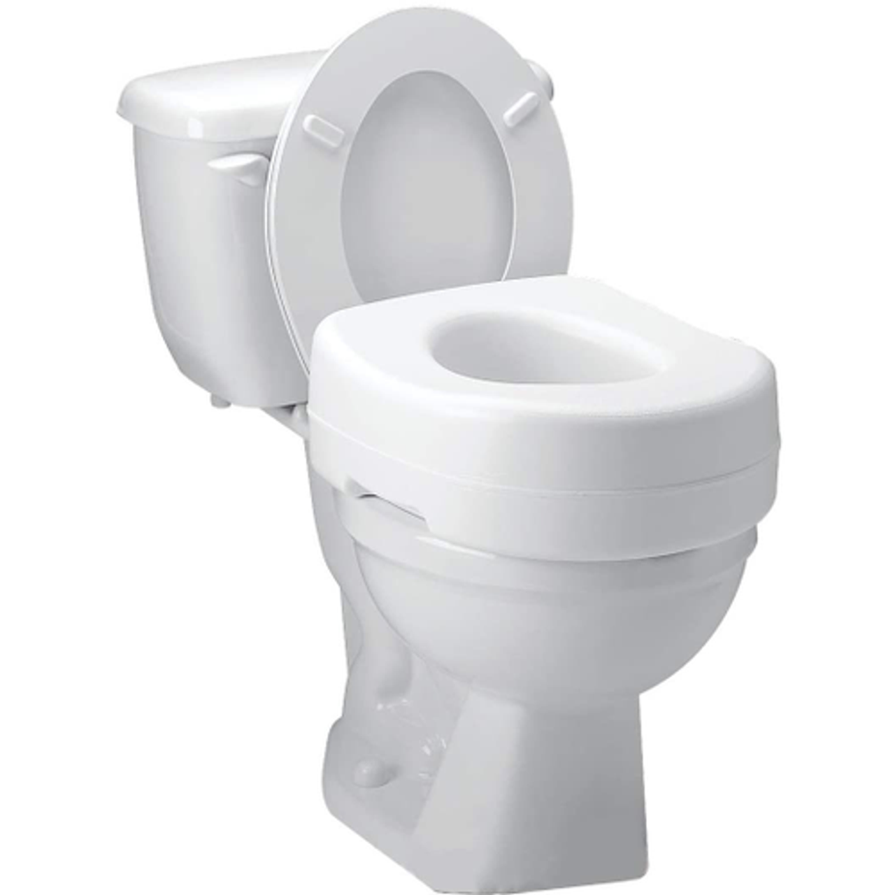 Carex raised toilet seat with 5-inch height, contoured surface, brown color for improved mobility and accessibility.
