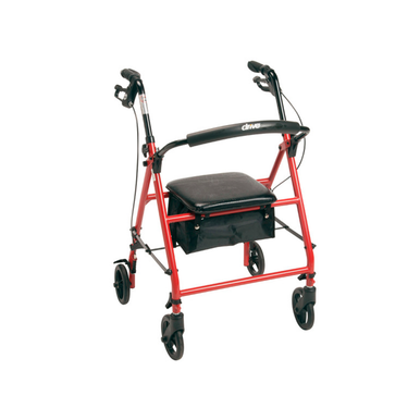 Red Drive Medical steel rollator with 6-inch wheels, mobility and accessibility aid, featuring a sturdy frame and ergonomic design.