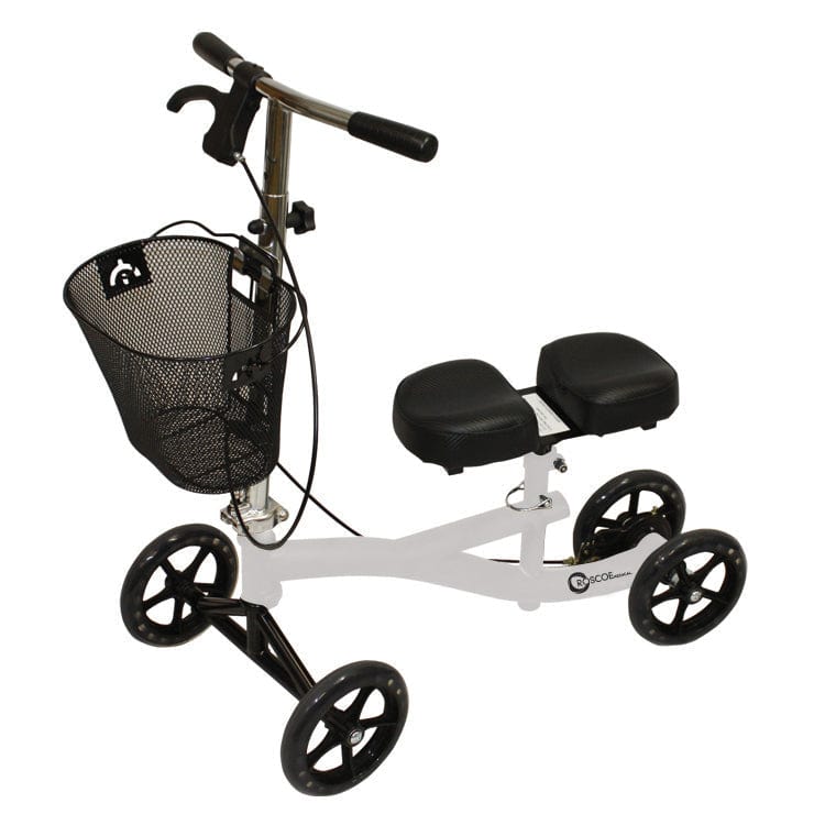 Burgundy Roscoe Medical Knee Scooter for mobility, featuring padded knee rest and adjustable height for comfortable support.