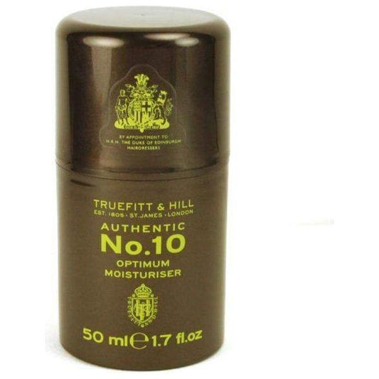 Truefitt & Hill No.10 Moisturiser bottle, authentic 1.7 oz skincare product with a sleek design for men's grooming.