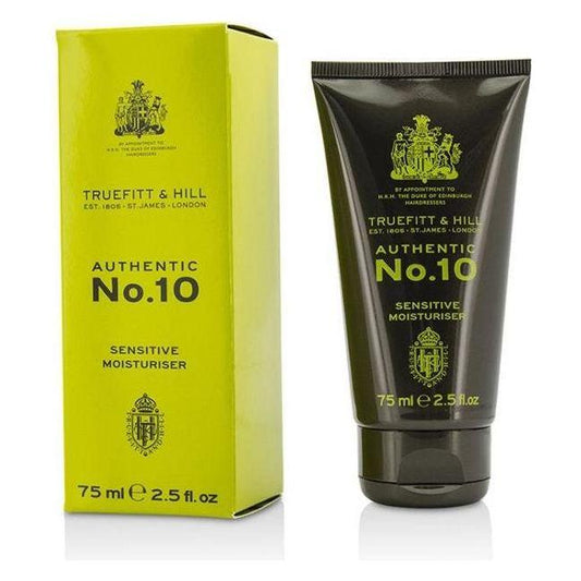 Truefitt & Hill No.10 Sensitive Moisturiser, 2.5 oz, in a white tube with blue and gold accents, designed for sensitive skin.